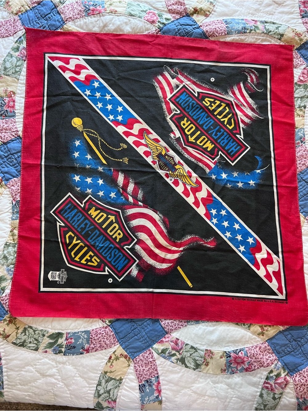 Vintage 80s Harley Davidson Bandana American Flag Red Border Bar Shield USA